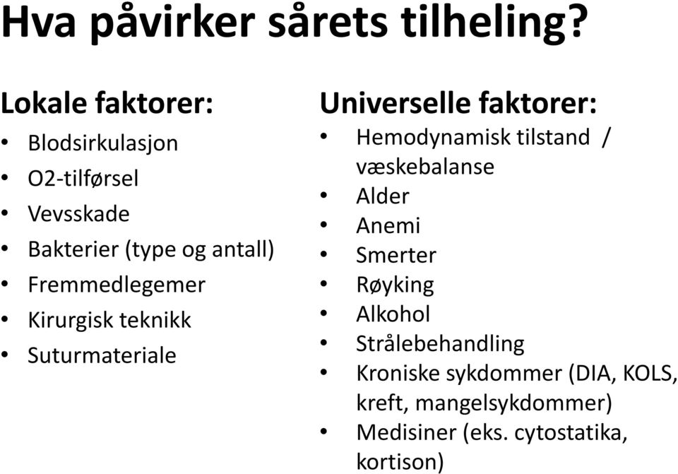 Fremmedlegemer Kirurgisk teknikk Suturmateriale Universelle faktorer: Hemodynamisk tilstand