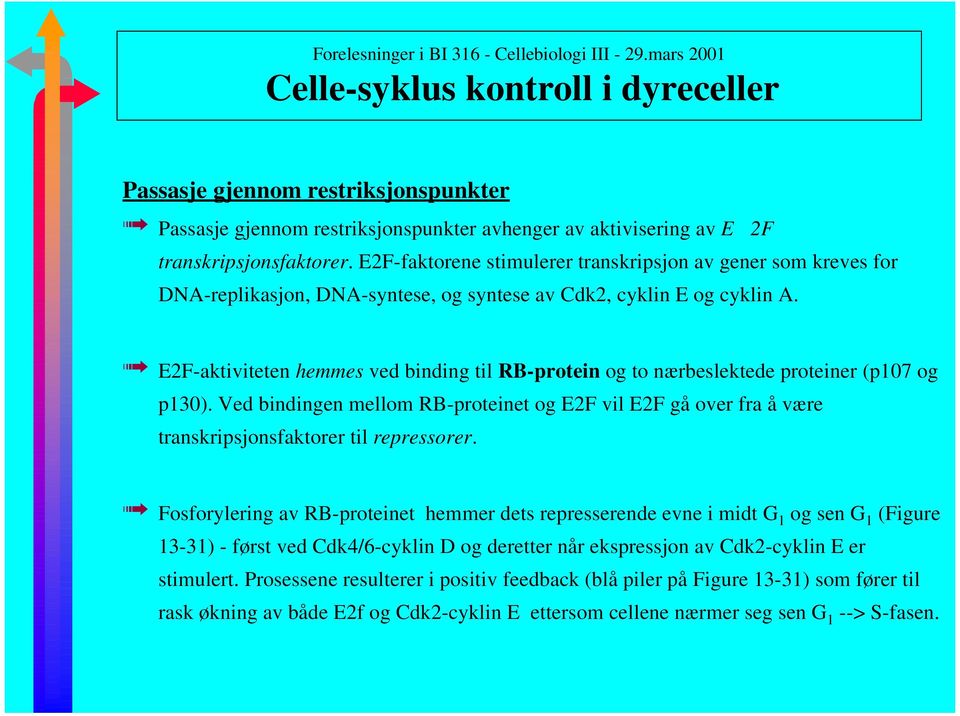 E2F-aktiviteten hemmes ved binding til RB-protein og to nærbeslektede proteiner (p107 og p130).