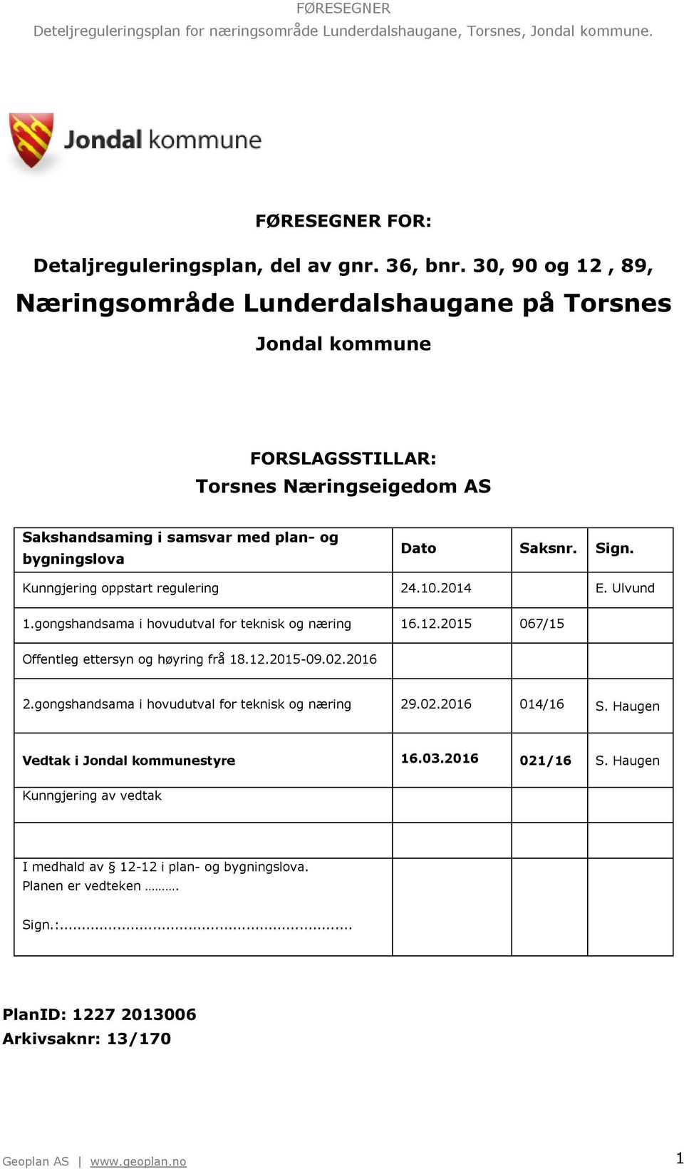 Sign. Kunngjering oppstart regulering 24.10. 20 14 E. Ulvund 1.gongshandsama i hovudutval for teknisk og næring 16.12.2015 067/15 Offentleg ettersyn og høyring frå 18.12.2015-09.02.