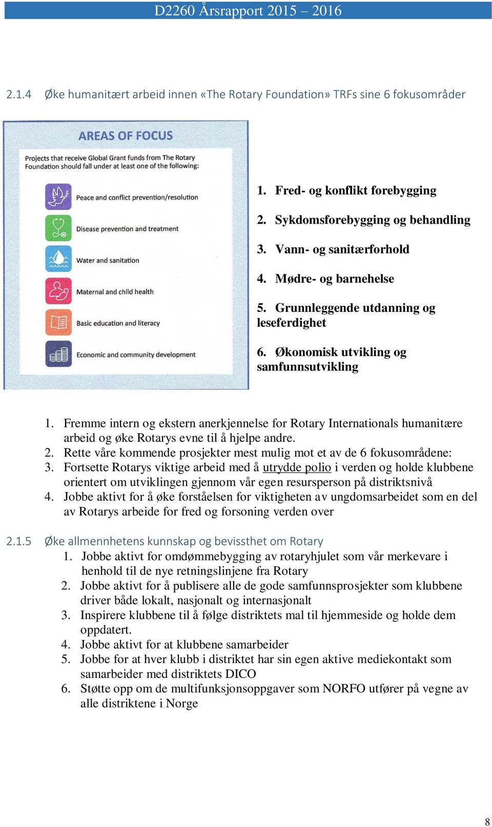 Fremme intern og ekstern anerkjennelse for Rotary Internationals humanitære arbeid og øke Rotarys evne til å hjelpe andre. 2. Rette våre kommende prosjekter mest mulig mot et av de 6 fokusområdene: 3.