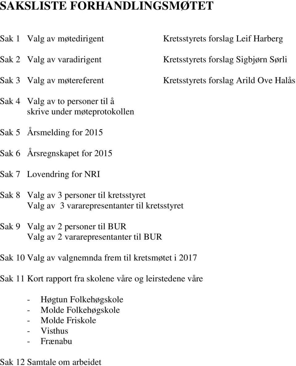 8 Valg av 3 personer til kretsstyret Valg av 3 vararepresentanter til kretsstyret Sak 9 Valg av 2 personer til BUR Valg av 2 vararepresentanter til BUR Sak 10 Valg av valgnemnda frem