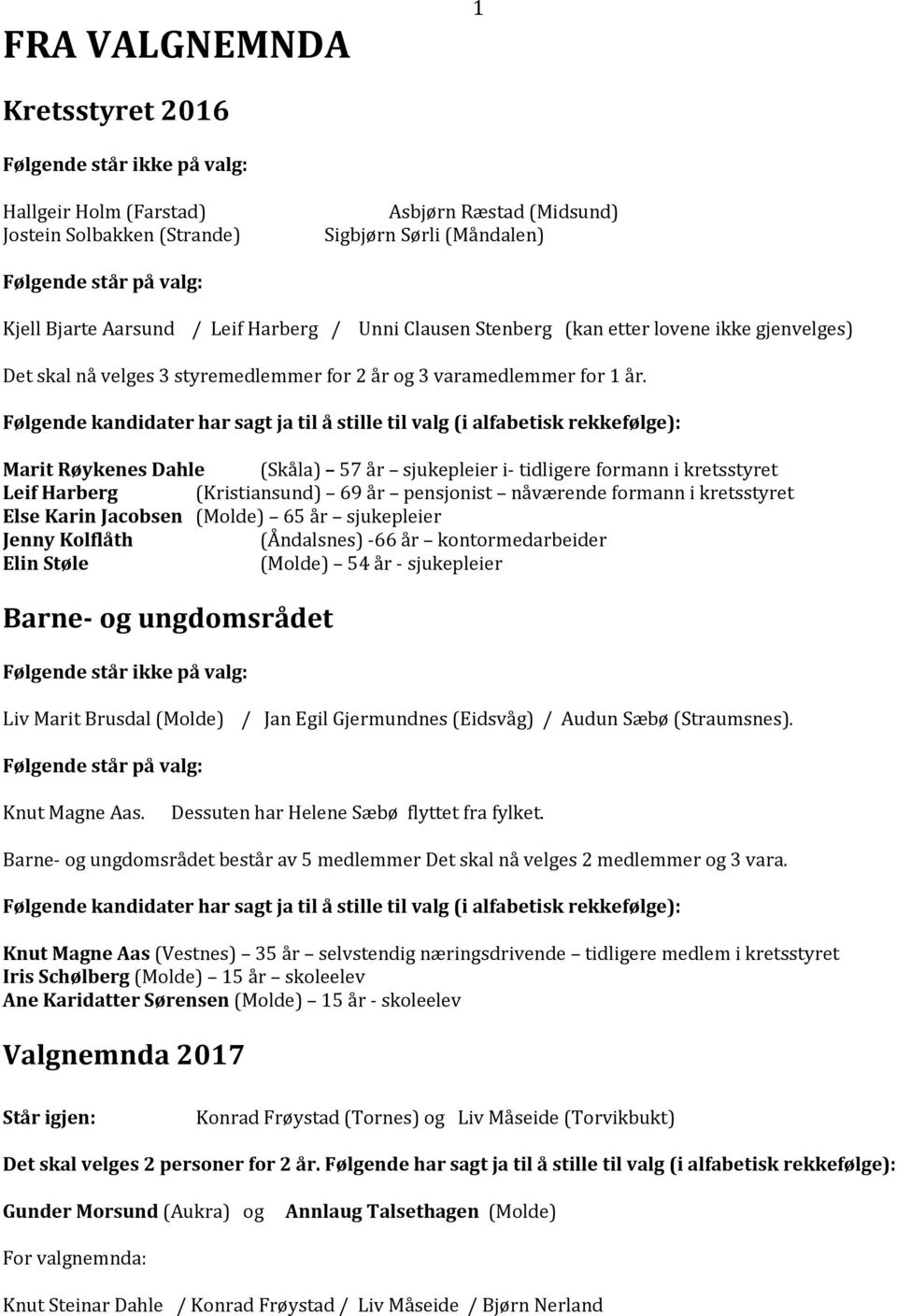 Følgende kandidater har sagt ja til å stille til valg (i alfabetisk rekkefølge): Marit Røykenes Dahle (Skåla) 57 år sjukepleier i- tidligere formann i kretsstyret Leif Harberg (Kristiansund) 69 år