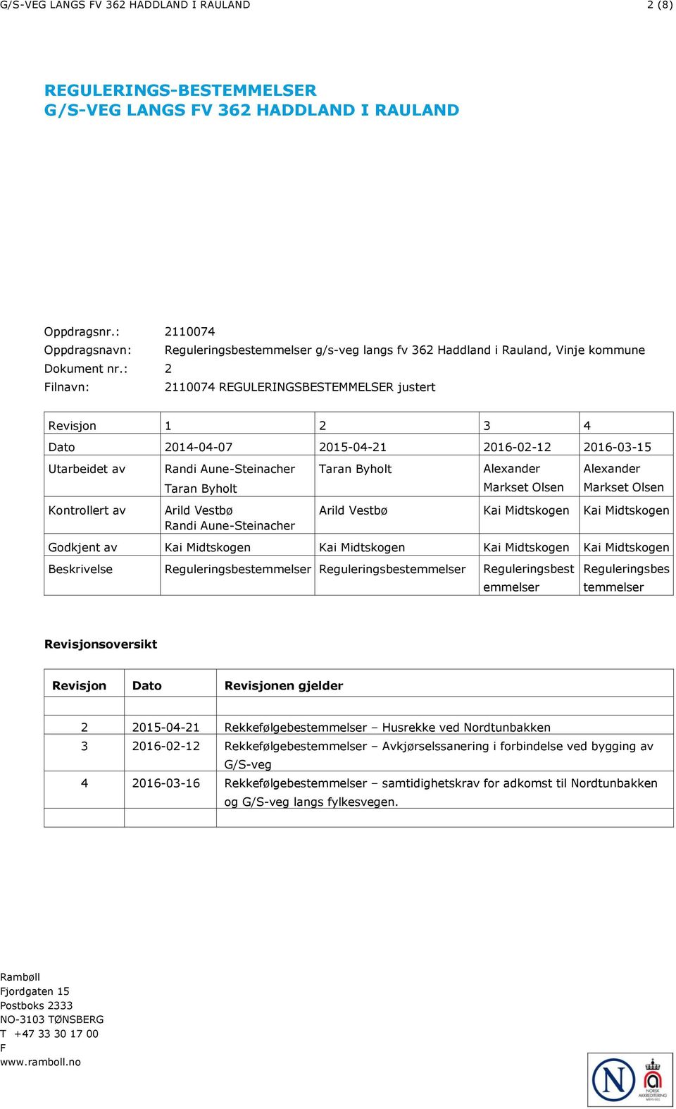 : 2 Filnavn: 2110074 REGULERINGSBESTEMMELSER justert Revisjon 1 2 3 4 Dato 2014-04-07 2015-04-21 2016-02-12 2016-03-15 Utarbeidet av Kontrollert av Randi Aune-Steinacher Taran Byholt Arild Vestbø