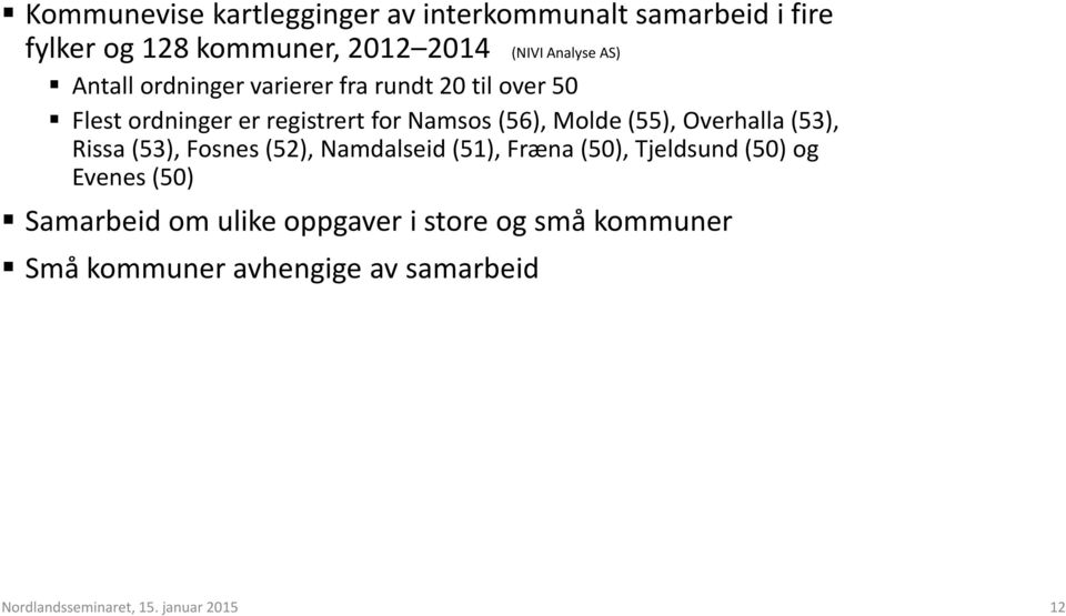 Overhalla (53), Rissa (53), Fosnes (52), Namdalseid (51), Fræna (50), Tjeldsund (50) og Evenes (50) Samarbeid om