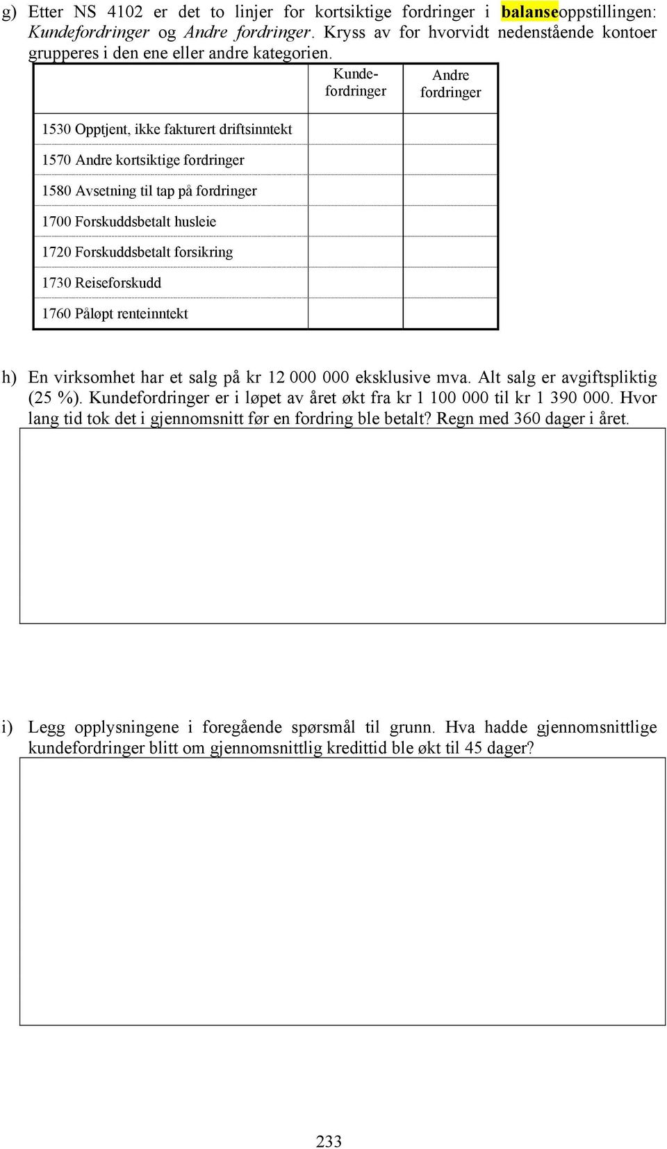 Kundefordringer 1530 Opptjent, ikke fakturert driftsinntekt 1570 Andre kortsiktige fordringer 1580 Avsetning til tap på fordringer 1700 Forskuddsbetalt husleie 1720 Forskuddsbetalt forsikring 1730