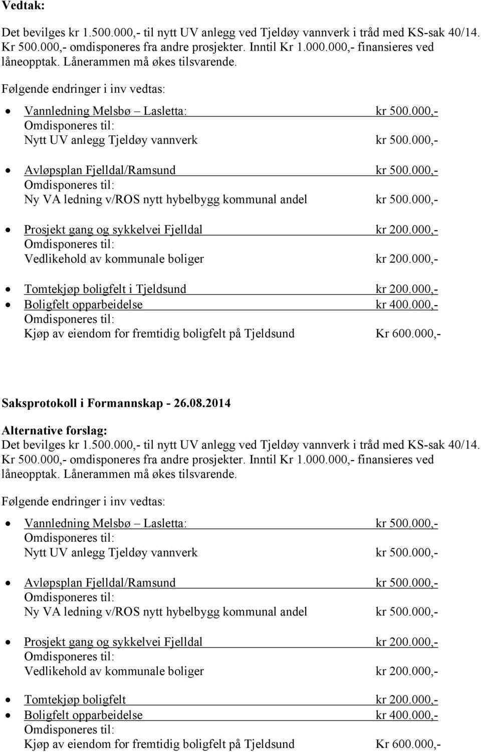 000,- Ny VA ledning v/ros nytt hybelbygg kommunal andel kr 500.000,- Prosjekt gang og sykkelvei Fjelldal kr 200.000,- Vedlikehold av kommunale boliger kr 200.