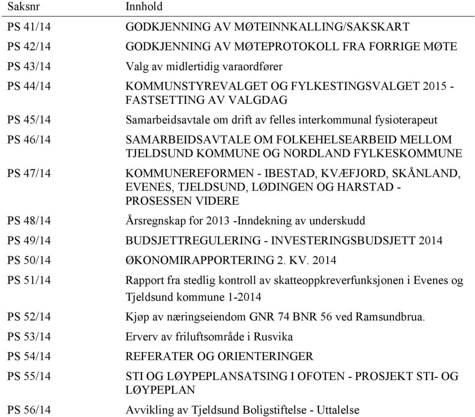 TJELDSUND KOMMUNE OG NORDLAND FYLKESKOMMUNE KOMMUNEREFORMEN - IBESTAD, KVÆFJORD, SKÅNLAND, EVENES, TJELDSUND, LØDINGEN OG HARSTAD - PROSESSEN VIDERE Årsregnskap for 2013 -Inndekning av underskudd PS