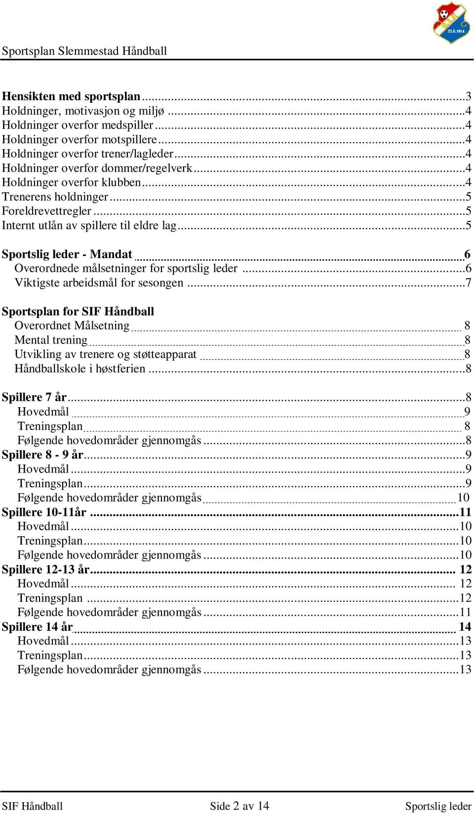 ..5 Sportslig leder - Mandat 6 Overordnede målsetninger for sportslig leder...6 Viktigste arbeidsmål for sesongen.