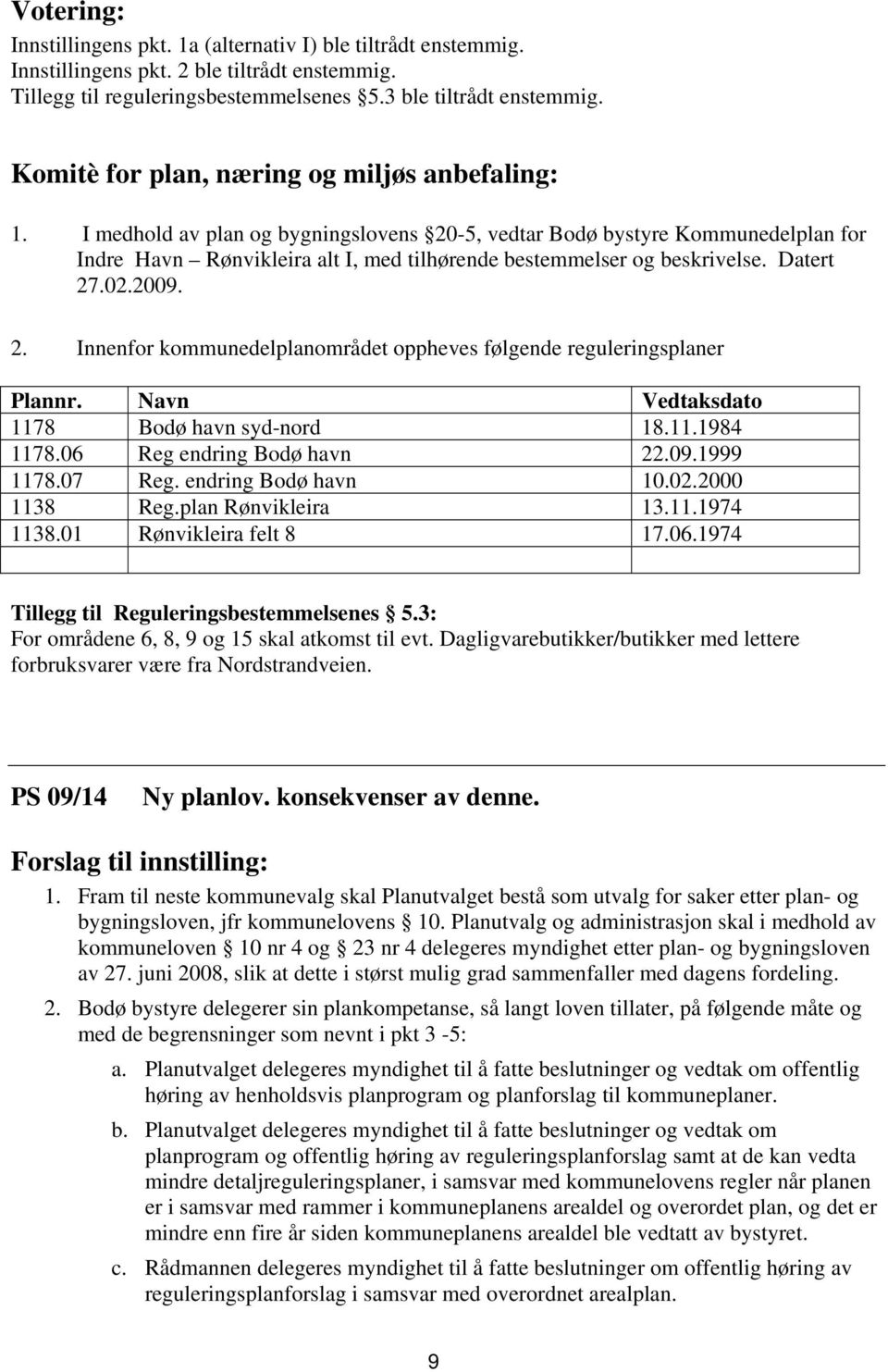 I medhold av plan og bygningslovens 20-5, vedtar Bodø bystyre Kommunedelplan for Indre Havn Rønvikleira alt I, med tilhørende bestemmelser og beskrivelse. Datert 27.02.2009. 2. Innenfor kommunedelplanområdet oppheves følgende reguleringsplaner Plannr.