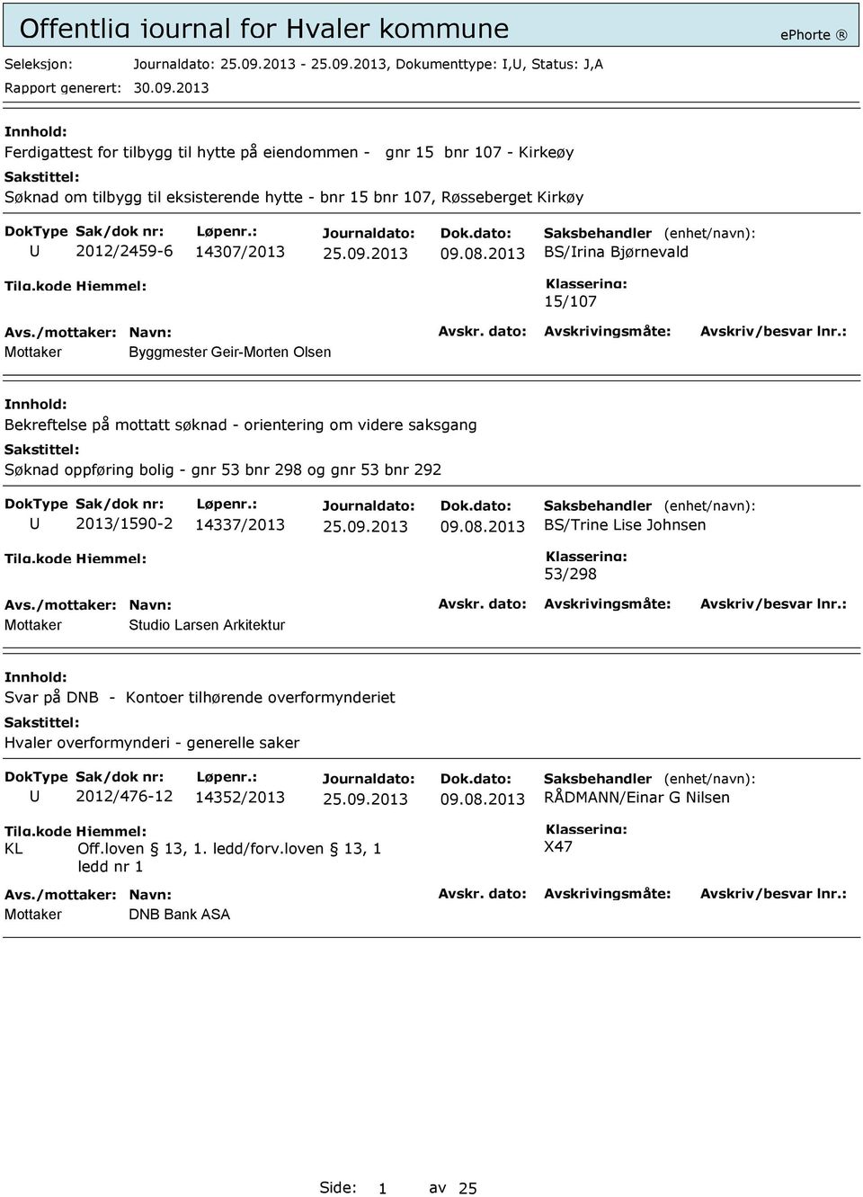 2013 BS/rina Bjørnevald 15/107 Mottaker Byggmester Geir-Morten Olsen Bekreftelse på mottatt søknad - orientering om videre saksgang Søknad oppføring bolig - gnr 53 bnr 298 og gnr 53 bnr 292