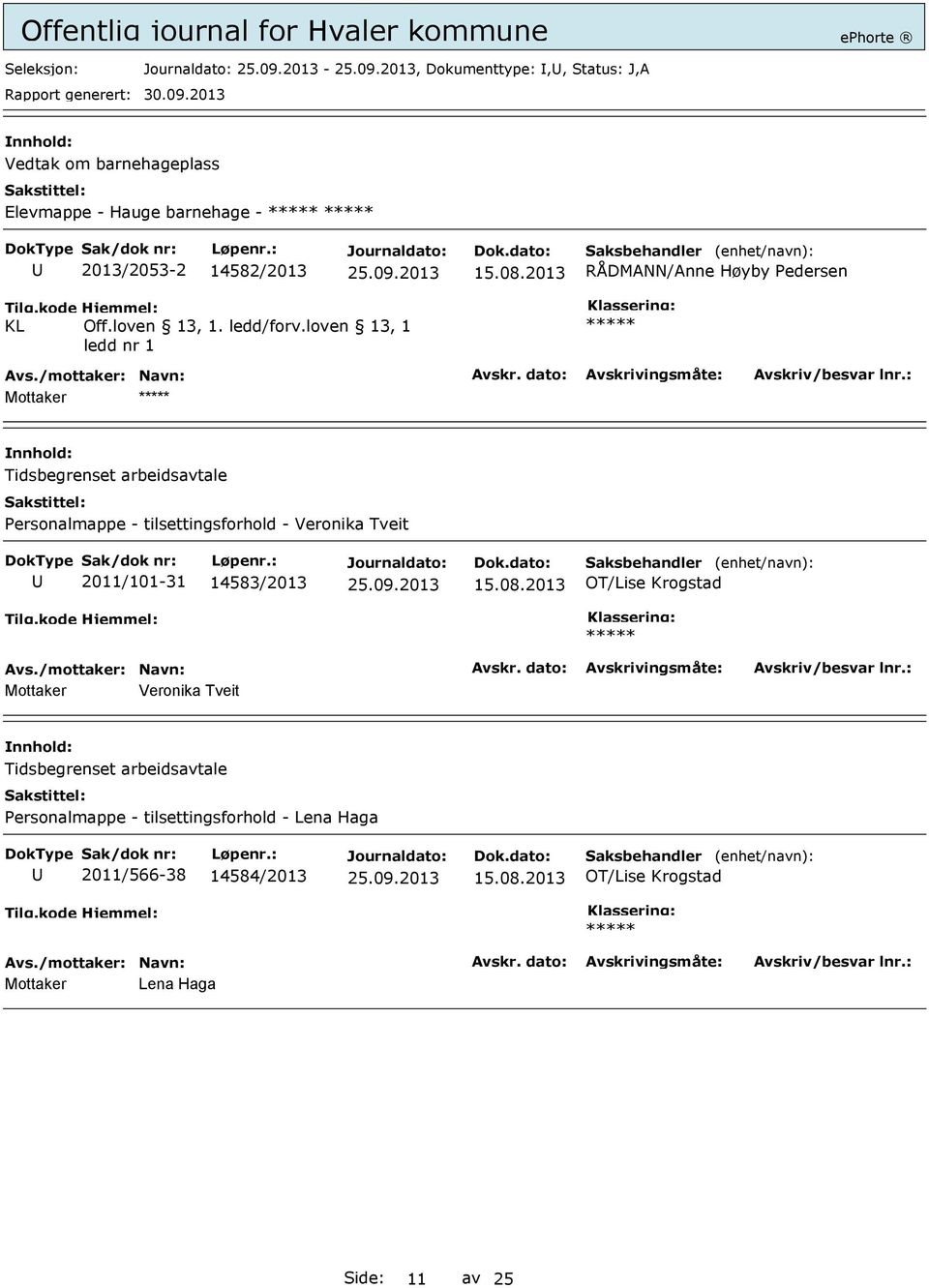 loven 13, 1 ledd nr 1 Mottaker Tidsbegrenset arbeidsavtale Personalmappe - tilsettingsforhold - Veronika Tveit 2011/101-31