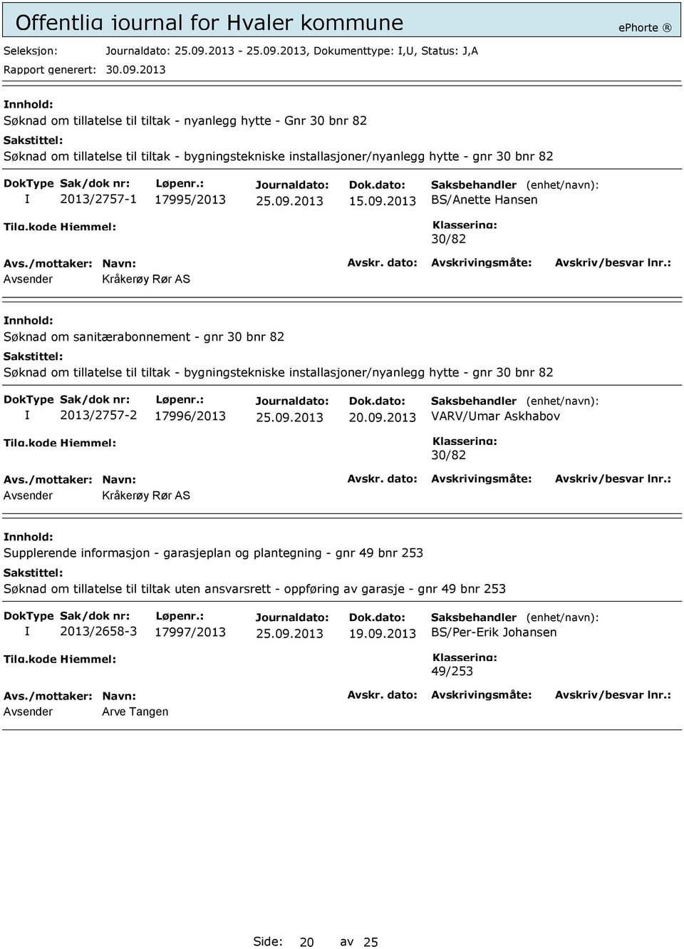 2013 BS/Anette Hansen 30/82 Avsender Kråkerøy Rør AS Søknad om sanitærabonnement - gnr 30 bnr 82 Søknad om tillatelse til tiltak - bygningstekniske installasjoner/nyanlegg hytte - gnr 30