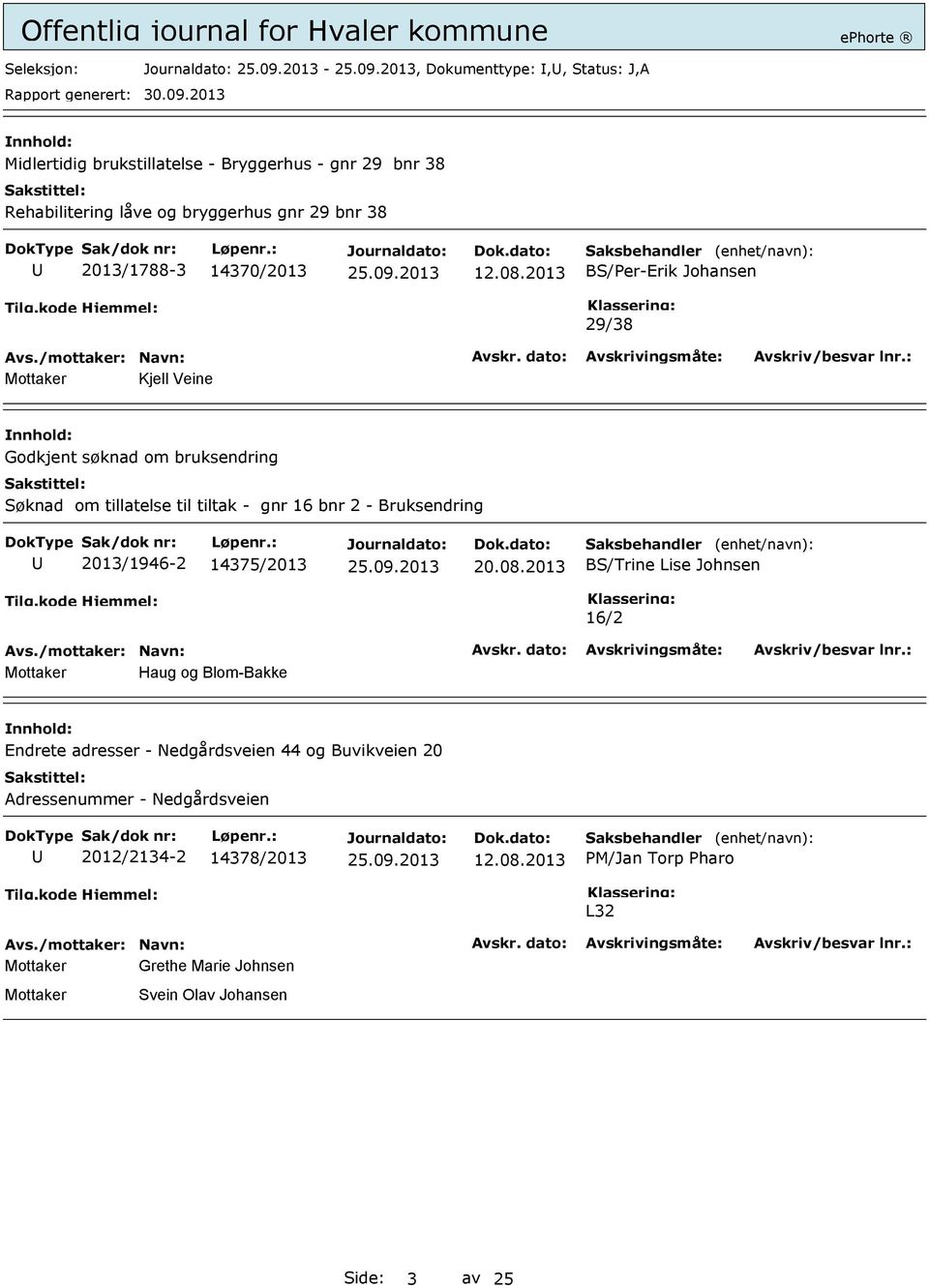 2013 BS/Per-Erik Johansen 29/38 Mottaker Kjell Veine Godkjent søknad om bruksendring Søknad om tillatelse til tiltak - gnr 16 bnr 2 - Bruksendring