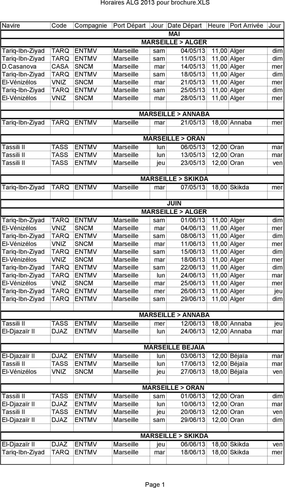 Casanova CASA SNCM Marseille mar 14/05/13 11,00 Alger mer Tariq-Ibn-Ziyad TARQ ENTMV Marseille sam 18/05/13 11,00 Alger dim El-Vénizélos VNIZ SNCM Marseille mar 21/05/13 11,00 Alger mer