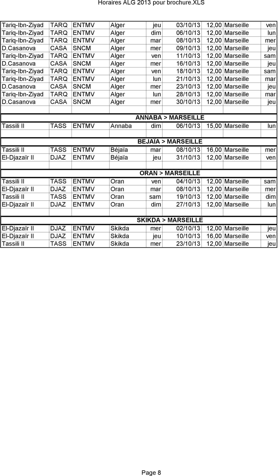 Casanova CASA SNCM Alger mer 16/10/13 12,00 Marseille jeu Tariq-Ibn-Ziyad TARQ ENTMV Alger ven 18/10/13 12,00 Marseille sam Tariq-Ibn-Ziyad TARQ ENTMV Alger lun 21/10/13 12,00 Marseille mar D.