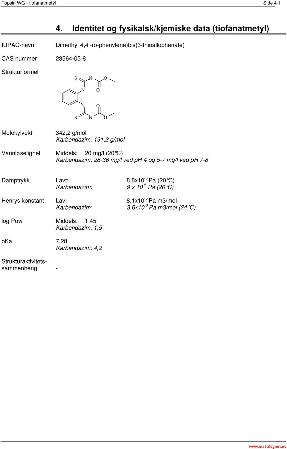 Strukturformel S N O N O N O S N O Molekylvekt 342,2 g/mol Karbendazim: 191,2 g/mol Vannløselighet Middels: 20 mg/l (20 C) Karbendazim: 28-36 mg/l