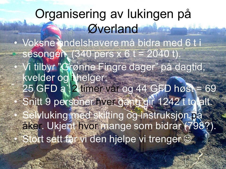 Vi tilbyr Grønne Fingre dager på dagtid, kvelder og i helger; 25 GFD a` 2 timer vår og 44 GFD