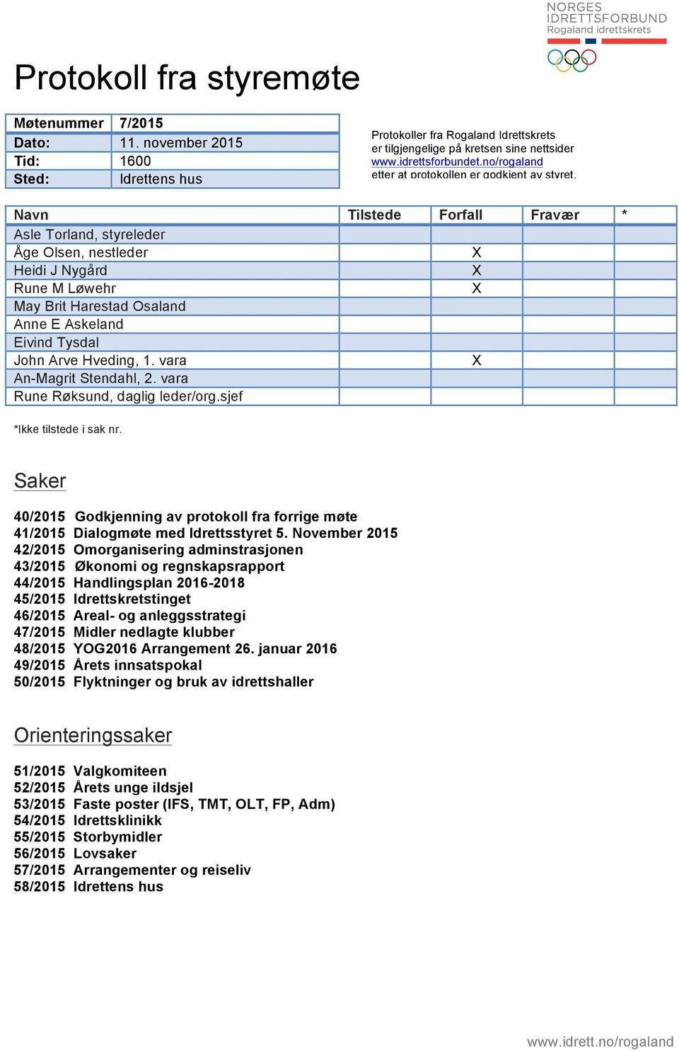 Navn Tilstede Forfall Fravær * Asle Torland, styreleder Åge Olsen, nestleder Heidi J Nygård Rune M Løwehr May Brit Harestad Osaland Anne E Askeland Eivind Tysdal John Arve Hveding, 1.