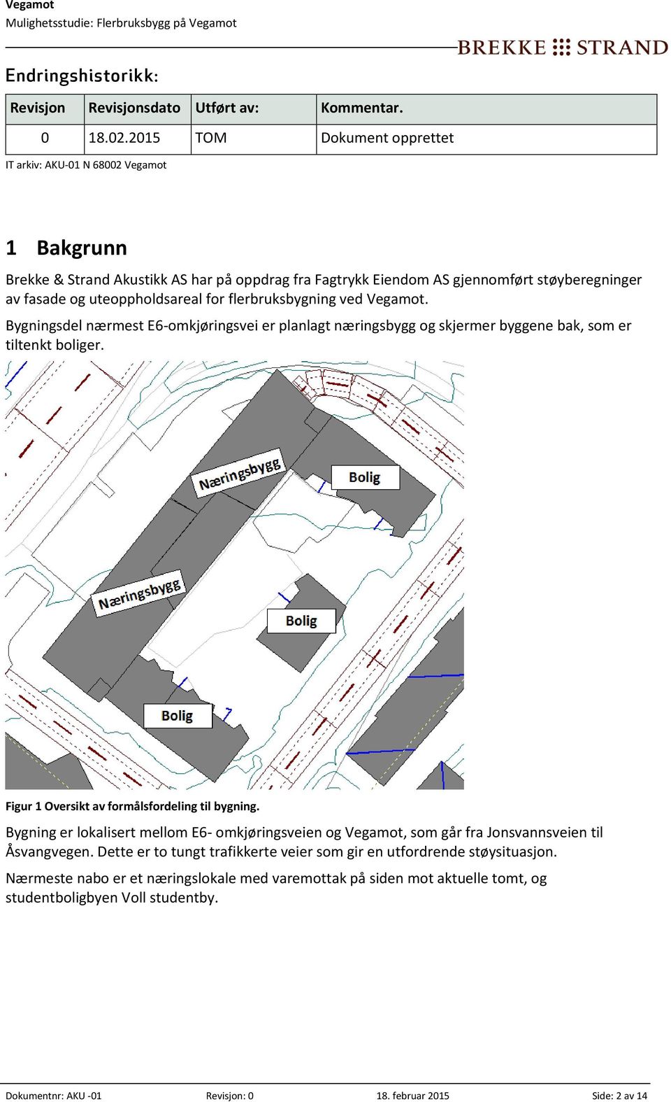 flerbruksbygning ved Vegamot. Bygningsdel nærmest E6-omkjøringsvei er planlagt næringsbygg og skjermer byggene bak, som er tiltenkt boliger. Figur 1 Oversikt av formålsfordeling til bygning.