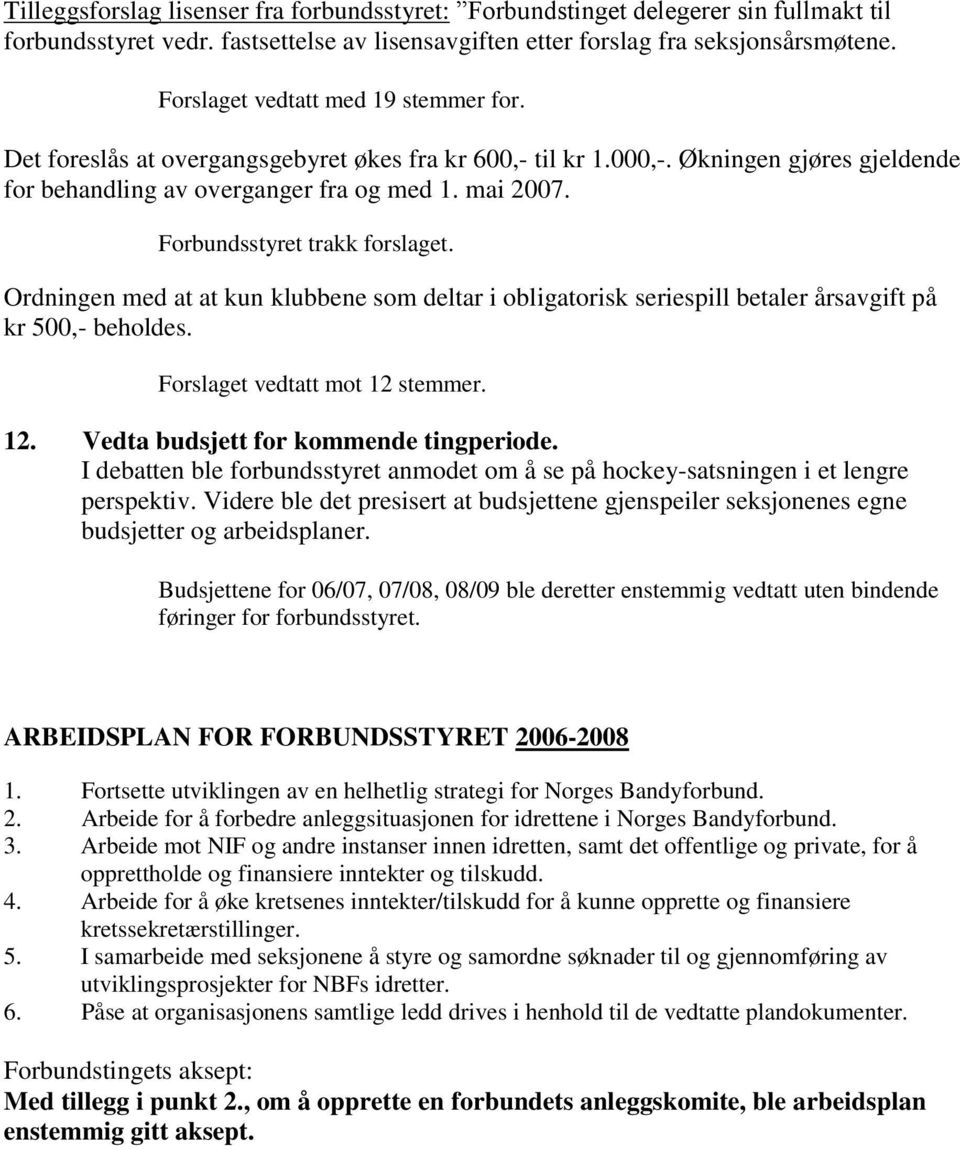 Forbundsstyret trakk forslaget. Ordningen med at at kun klubbene som deltar i obligatorisk seriespill betaler årsavgift på kr 500,- beholdes. Forslaget vedtatt mot 12 