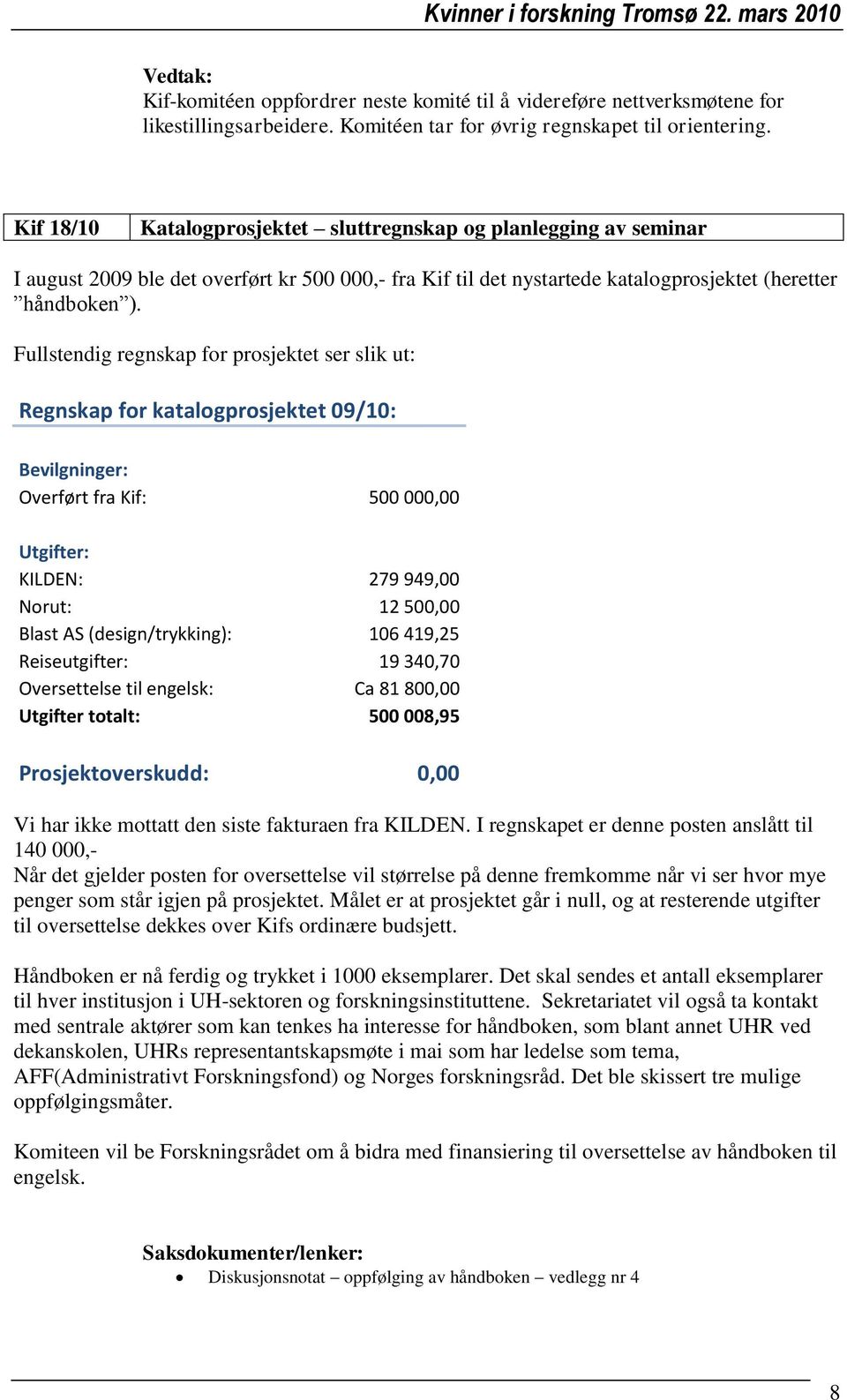 Fullstendig regnskap for prosjektet ser slik ut: Regnskap for katalogprosjektet 09/10: Bevilgninger: Overført fra Kif: 500 000,00 Utgifter: KILDEN: 279 949,00 Norut: 12 500,00 Blast AS