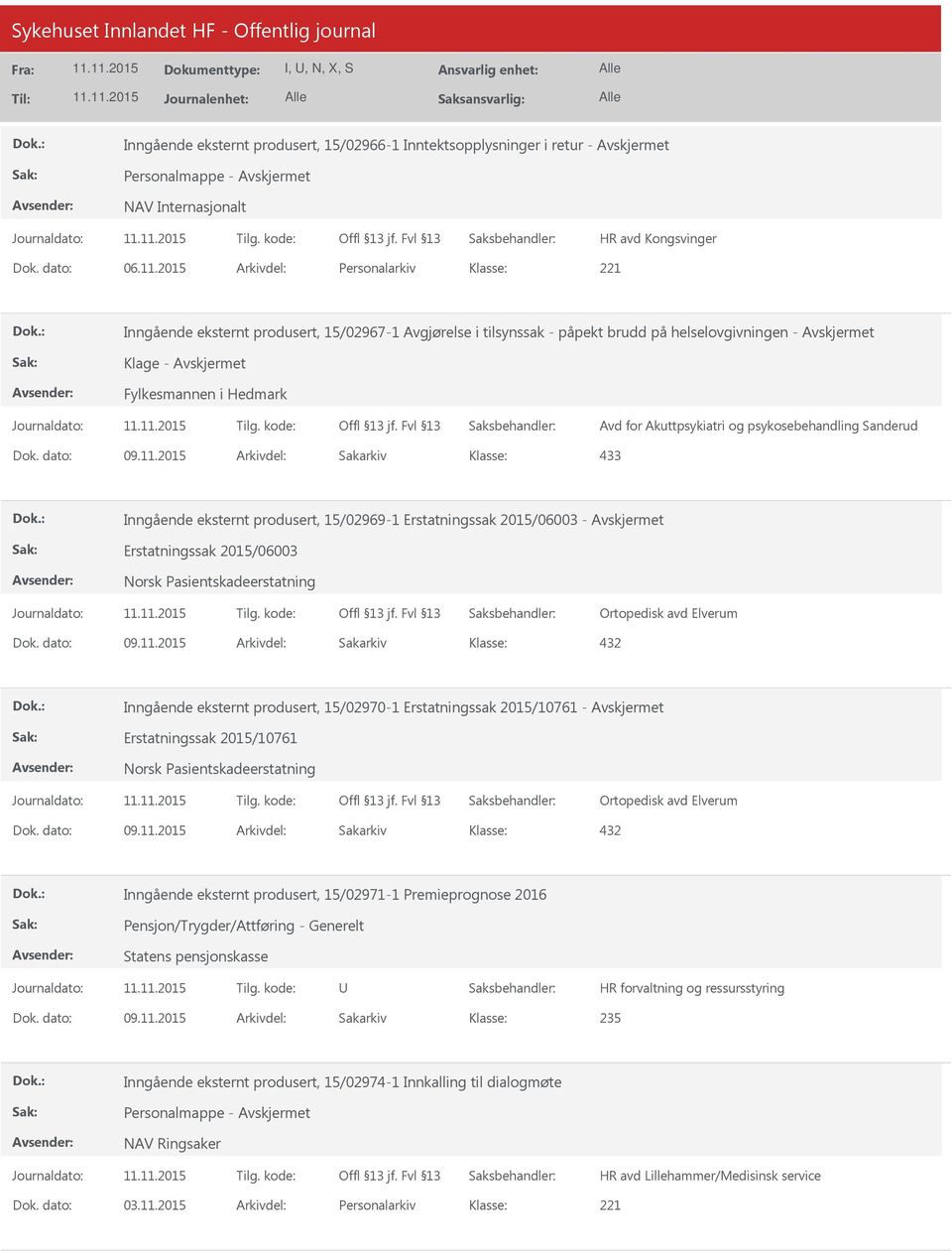 psykosebehandling Sanderud 433 Inngående eksternt produsert, 15/02969-1 Erstatningssak 2015/06003 - Erstatningssak 2015/06003 Norsk Pasientskadeerstatning Ortopedisk avd Elverum 432 Inngående