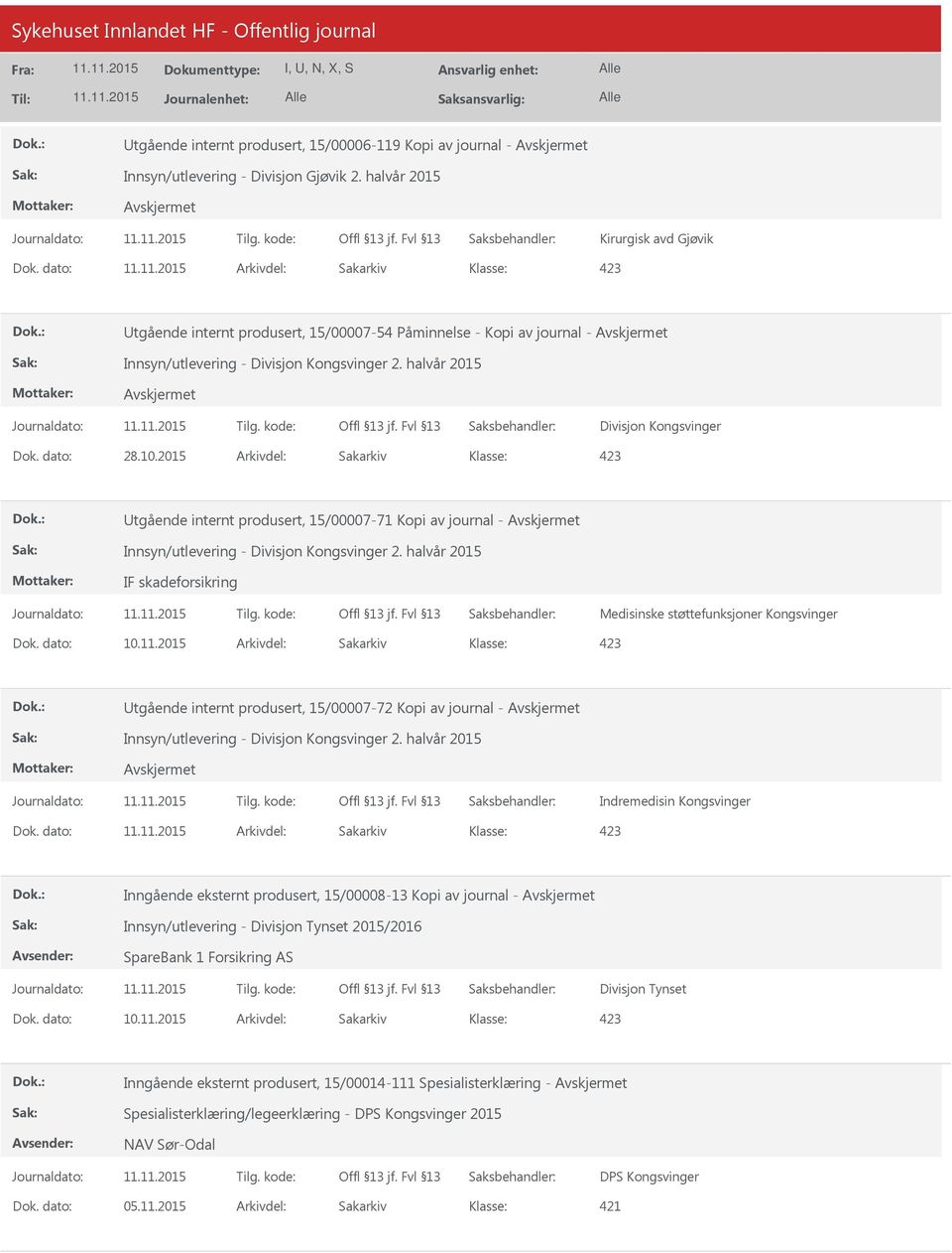 2015 Arkivdel: Sakarkiv tgående internt produsert, 15/00007-71 Kopi av journal - Innsyn/utlevering - Divisjon Kongsvinger 2. halvår 2015 IF skadeforsikring Medisinske støttefunksjoner Kongsvinger Dok.