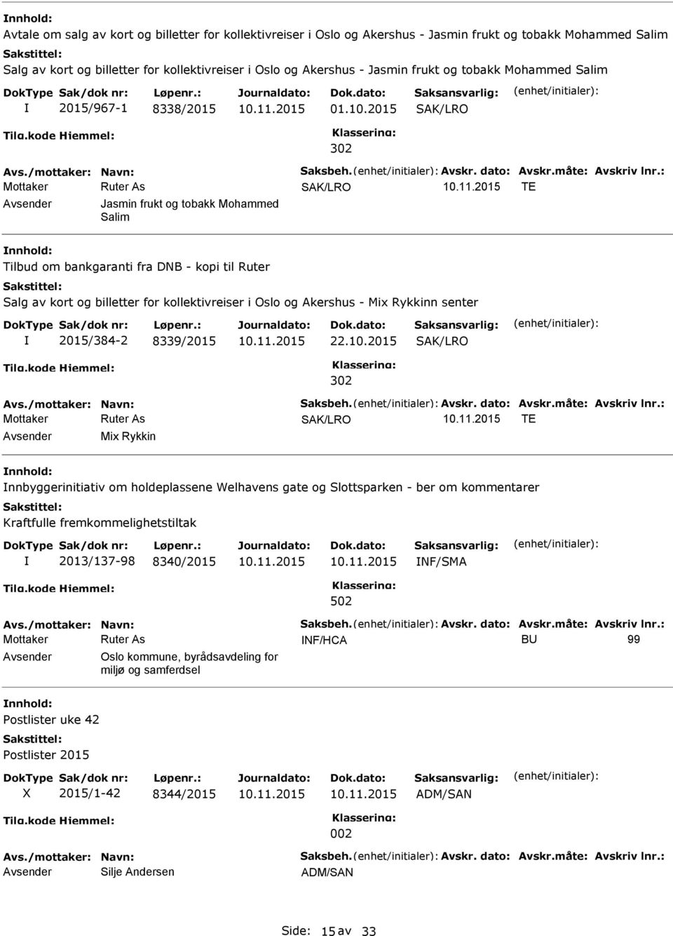 : SAK/LRO TE Jasmin frukt og tobakk Mohammed Salim Tilbud om bankgaranti fra DNB - kopi til Ruter Salg av kort og billetter for kollektivreiser i Oslo og Akershus - Mix Rykkinn senter 2015/384-2