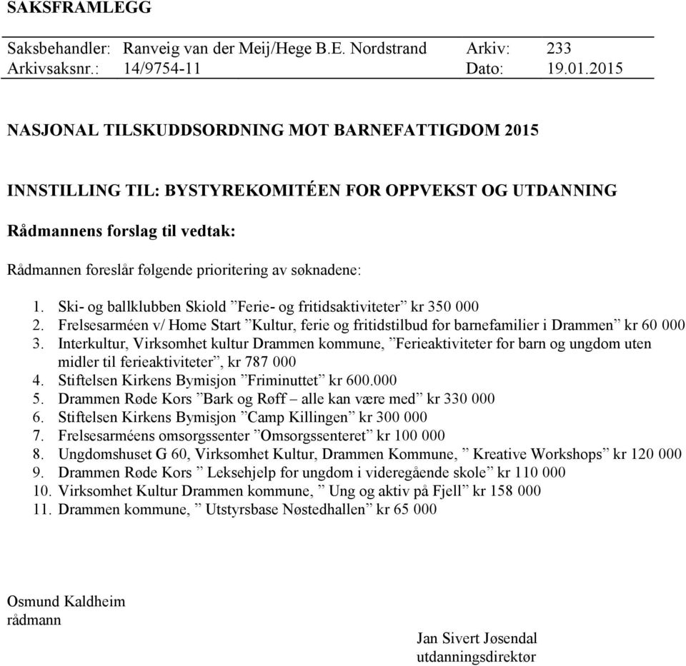 1. Ski- og ballklubben Skiold Ferie- og fritidsaktiviteter kr 350 000 2. Frelsesarméen v/ Home Start Kultur, ferie og fritidstilbud for barnefamilier i kr 60 000 3.