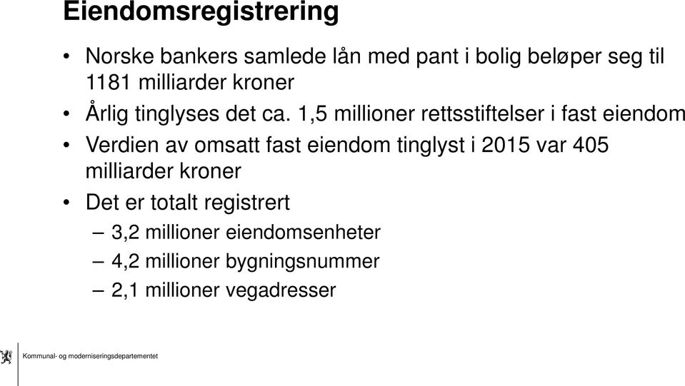 1,5 millioner rettsstiftelser i fast eiendom Verdien av omsatt fast eiendom tinglyst i