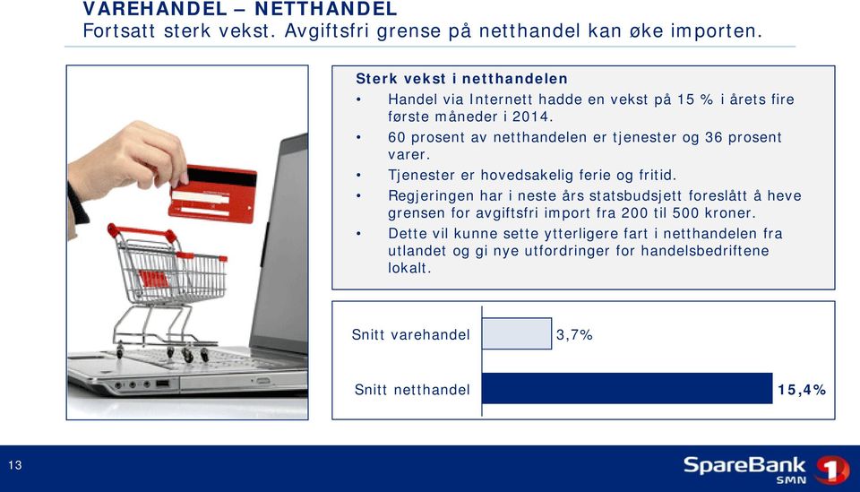 60 prosent av netthandelen er tjenester og 36 prosent varer. Tjenester er hovedsakelig ferie og fritid.