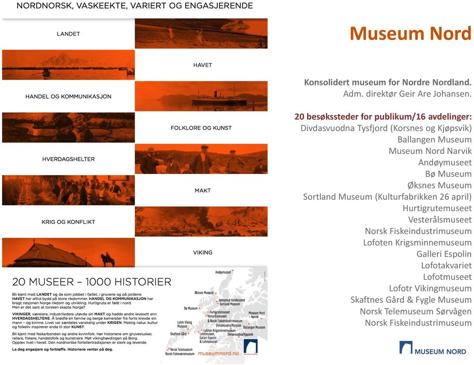 Andøymuseet Bø Museum Øksnes Museum Sortland Museum (Kulturfabrikken 26 april) Hurtigrutemuseet Vesterålsmuseet Norsk