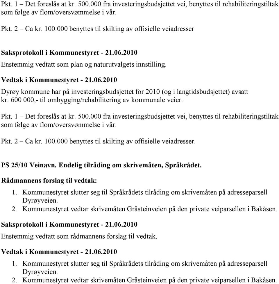 600 000,- til ombygging/rehabilitering av kommunale veier. 000 benyttes til skilting av offisielle veiadresser. PS 25/10 Veinavn. Endelig tilråding om skrivemåten, Språkrådet. 1.