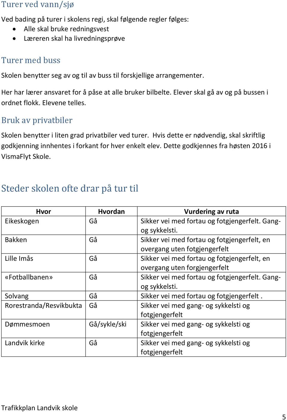 Bruk av privatbiler Skolen benytter i liten grad privatbiler ved turer. Hvis dette er nødvendig, skal skriftlig godkjenning innhentes i forkant for hver enkelt elev.