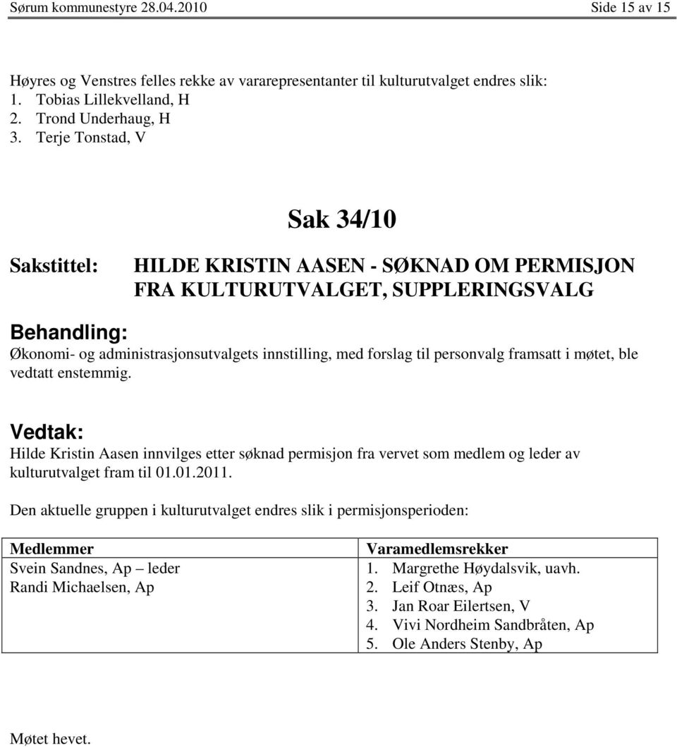 ble vedtatt enstemmig. Hilde Kristin Aasen innvilges etter søknad permisjon fra vervet som medlem og leder av kulturutvalget fram til 01.01.2011.