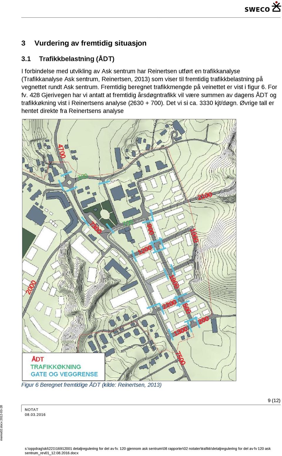 som viser til fremtidig trafikkbelastning på vegnettet rundt Ask sentrum. Fremtidig beregnet trafikkmengde på veinettet er vist i figur 6. For fv.