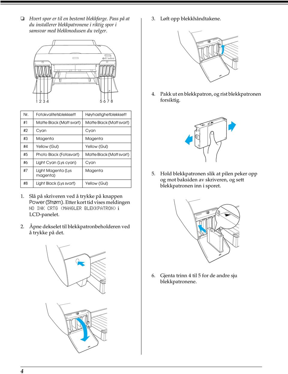 Fotokvalitetsblekksett Høyhastighetblekksett #1 Matte Black (Matt svart) Matte Black (Matt svart) #2 Cyan Cyan #3 Magenta Magenta #4 Yellow (Gul) Yellow (Gul) #5 Photo Black (Fotosvart) Matte Black