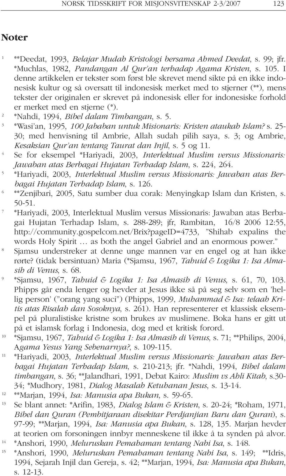 indonesisk eller for indonesiske forhold er merket med en stjerne (*). 2 *Nahdi, 1994, Bibel dalam Timbangan, s. 5. 3 *Wasi an, 1995, 100 Jababan untuk Misionaris: Kristen ataukah Islam? s. 25-30; med henvisning til Ambrie, Allah sudah pilih saya, s.