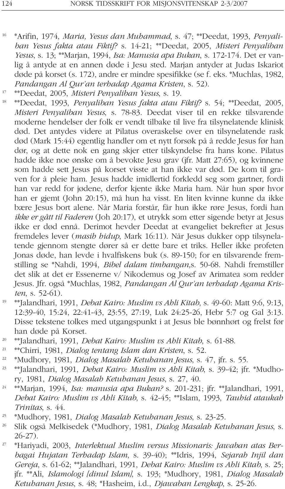 eks. *Muchlas, 1982, Pandangan Al Qur an terhadap Agama Kristen, s. 52). 17 **Deedat, 2005, Misteri Penyaliban Yesus, s. 19. 18 **Deedat, 1993, Penyaliban Yesus fakta atau Fiktif? s. 54; **Deedat, 2005, Misteri Penyaliban Yesus, s.