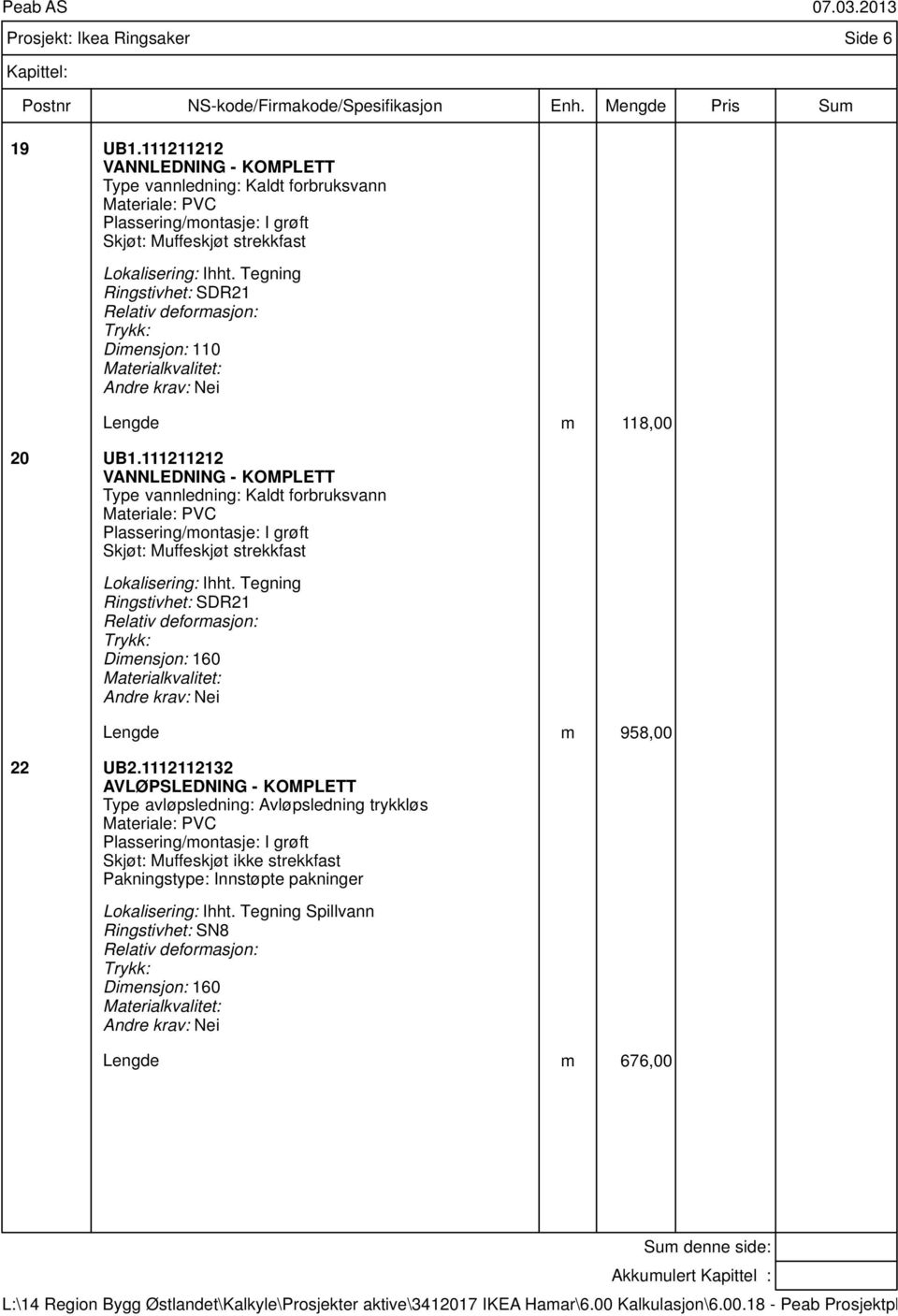 Tegning Ringstivhet: SDR21 Relativ deformasjon: Trykk: Dimensjon: 110 Materialkvalitet: Lengde m 118,00 20 UB1.