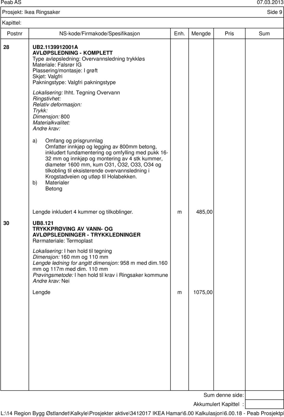 Ihht. Tegning Overvann Ringstivhet: Relativ deformasjon: Trykk: Dimensjon: 800 Materialkvalitet: Andre krav: a) Omfang og prisgrunnlag Omfatter innkjøp og legging av 800mm betong, inkludert