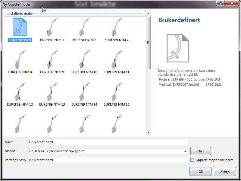 Denne dialogen kommer opp: Her får du opp alle koordinatsystemer for Norge.