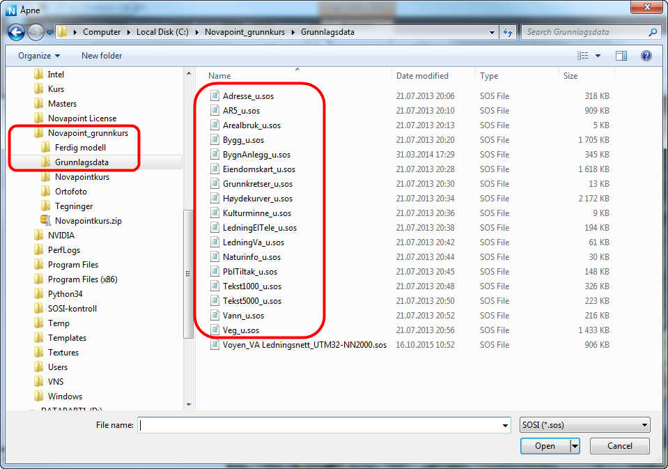 Sett type fil til SOSI og pek på alle SOSI-filene, bortsett fra Voyen_VA Ledningsnett_UTM32-NN2000.
