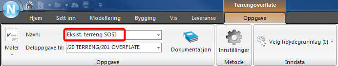 til: slik at oppgaven legges der du stod i prosesstreet. 2. Pek på fanen Modellering og trykk på knappen for Terrengoverflate slik som vist nedenfor: 3.