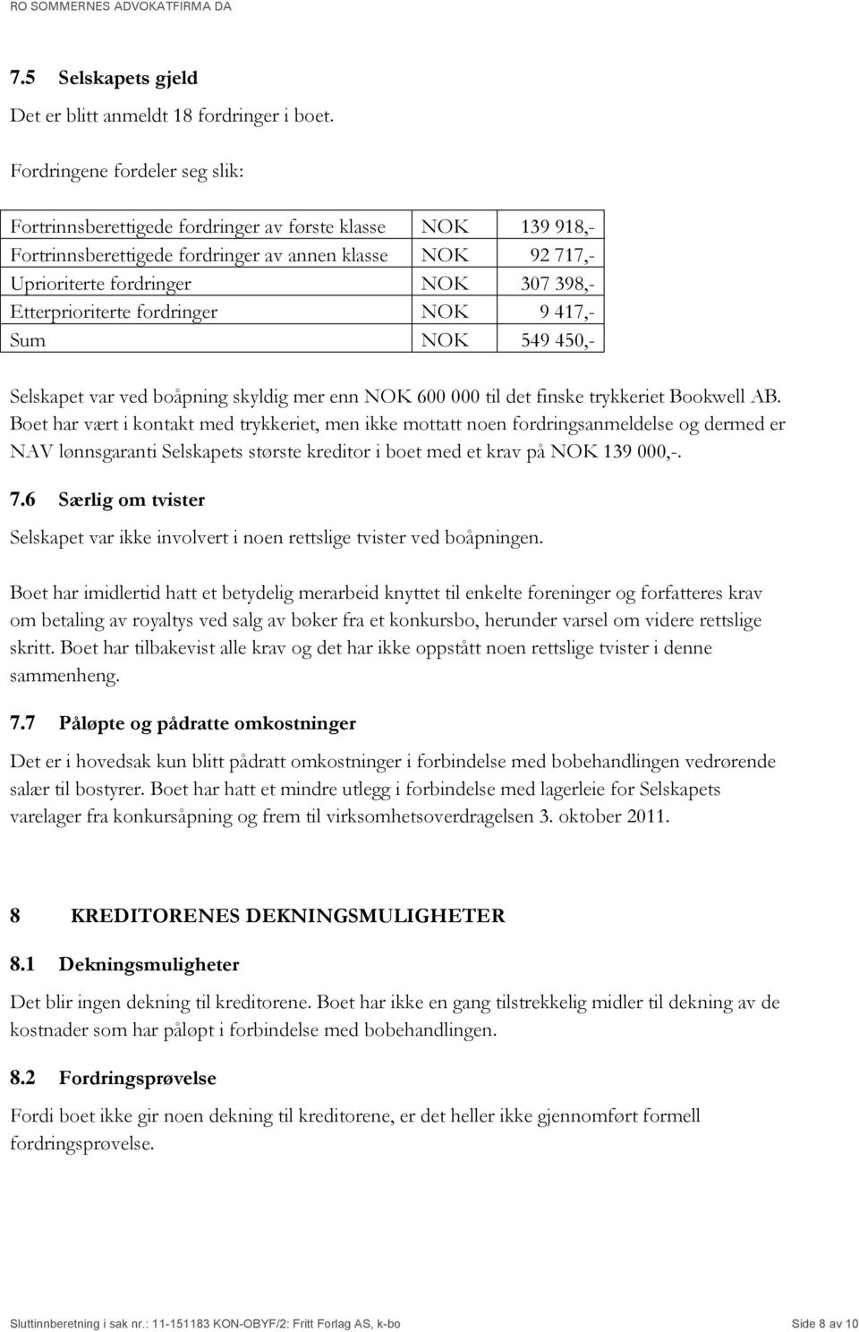 Etterprioriterte fordringer NOK 9 417,- Sum NOK 549 450,- Selskapet var ved boåpning skyldig mer enn NOK 600 000 til det finske trykkeriet Bookwell AB.