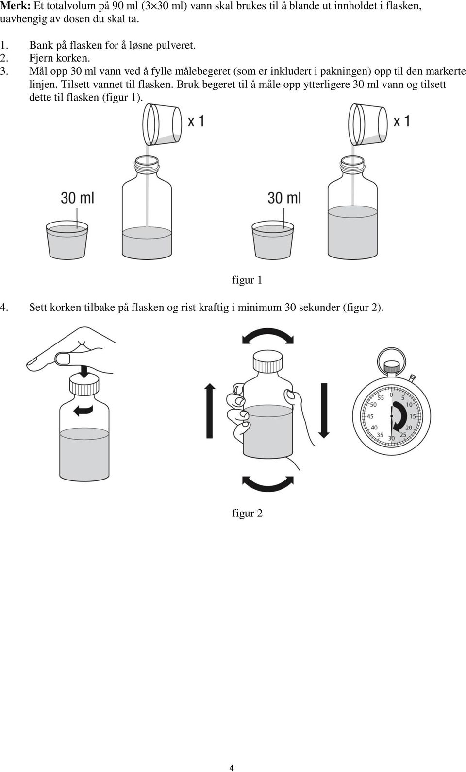 Mål opp 30 ml vann ved å fylle målebegeret (som er inkludert i pakningen) opp til den markerte linjen.