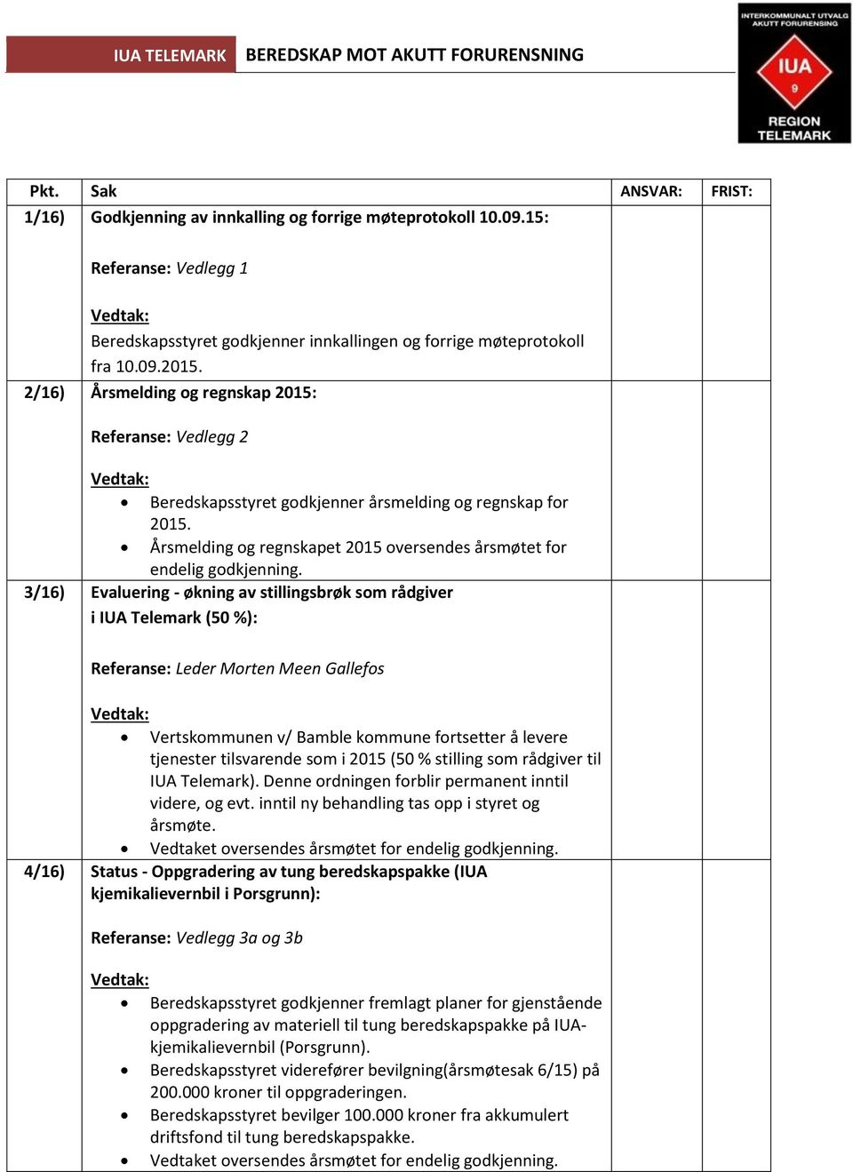 3/16) Evaluering - økning av stillingsbrøk som rådgiver i IUA Telemark (50 %): Vertskommunen v/ Bamble kommune fortsetter å levere tjenester tilsvarende som i 2015 (50 % stilling som rådgiver til IUA