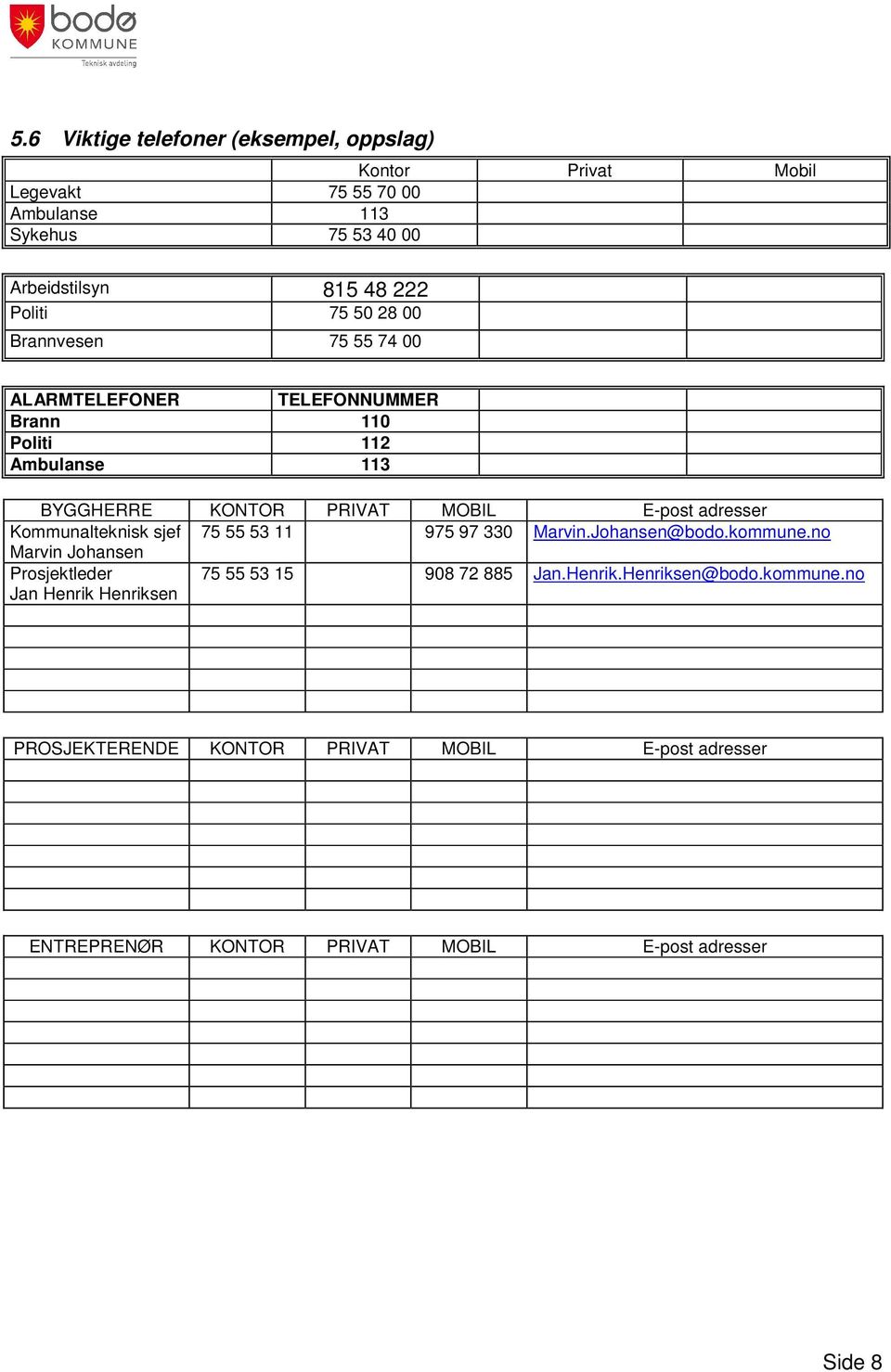 adresser Kommunalteknisk sjef 75 55 53 11 975 97 330 Marvin.Johansen@bodo.kommune.
