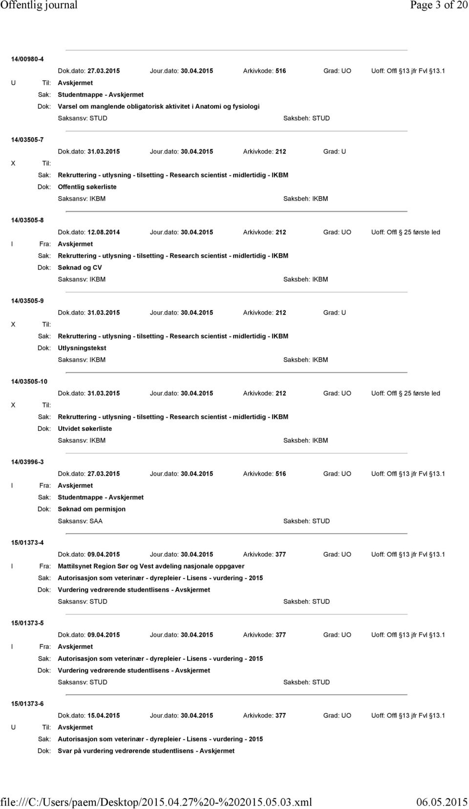 2015 Arkivkode: 212 Grad: U Sak: Rekruttering - utlysning - tilsetting - Research scientist - midlertidig - IKBM Dok: Offentlig søkerliste Saksansv: IKBM Saksbeh: IKBM 14/03505-8 Dok.dato: 12.08.