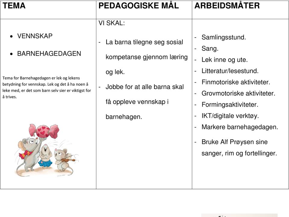 - Jobbe for at alle barna skal få oppleve vennskap i barnehagen. - Samlingsstund. - Sang. - Lek inne og ute. - Litteratur/lesestund.